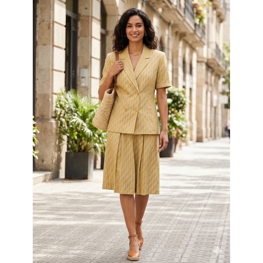 Harve Benard Woman Skirt Suit Set Yellow Grey Stripe Linen Blend Size 18W